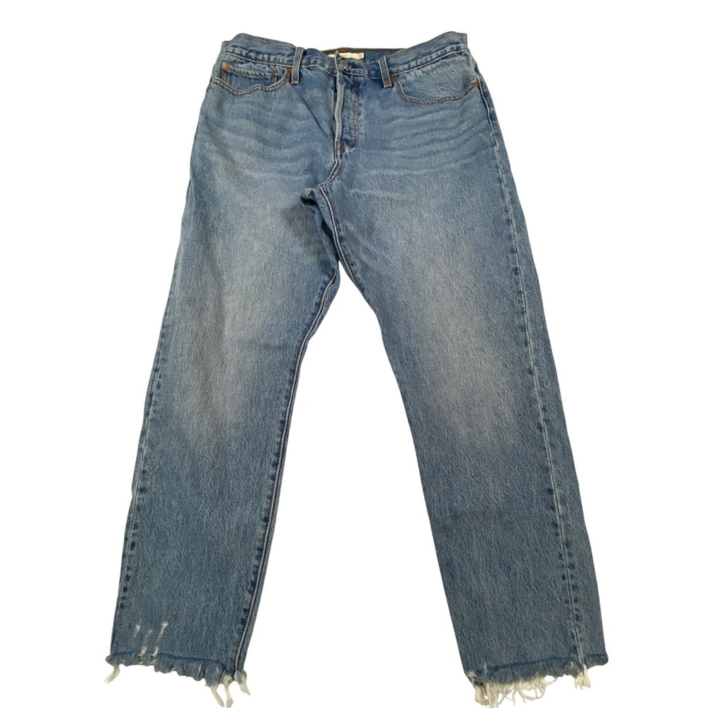 Levis Premium Wedgie Straight Jeans Womens 32 Medium Wash Raw Hem Button Fly